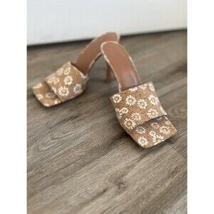 Asos Women Cork Daisy Floral Print Slide Mules Sandal High Heel Open Toe Size 8